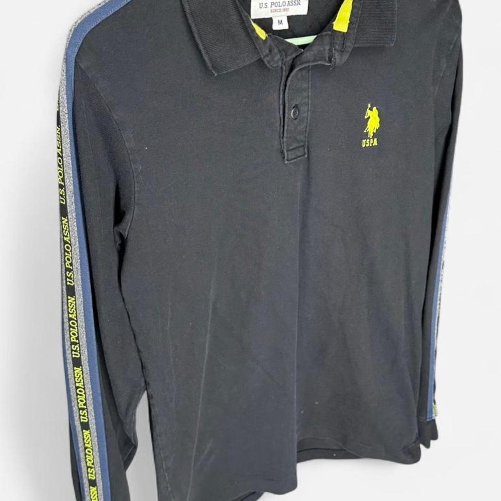 US Polo Assn Mens Long Sleeve Polo Shirt Black Neon Yellow Tape Logo Size M